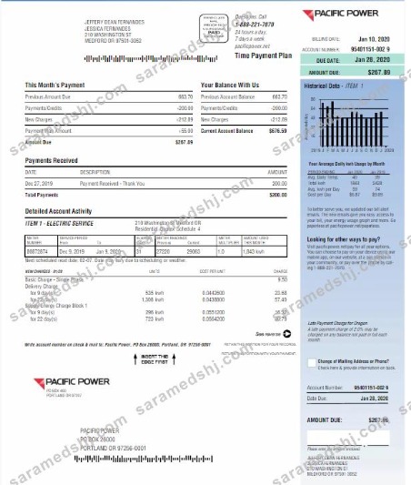 USA PACIFIC POWER utility bill Word and PDF template